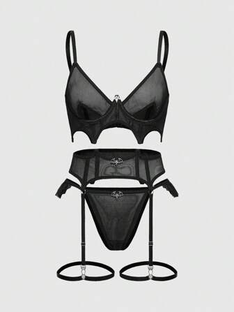 Goth Conjunto de lencería sexy estilo gótico oscuro que incluye sostén con aros y malla, tanga y portaligas