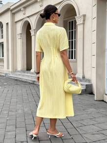 Siren Gaze Butter Yellow Summer Elegant Tea Party Dress For Women,Business Casual Button Front Shirt Dress,Lemon Mid-Length Vacation Birthday Midi Dress - Light Yellow - View 4