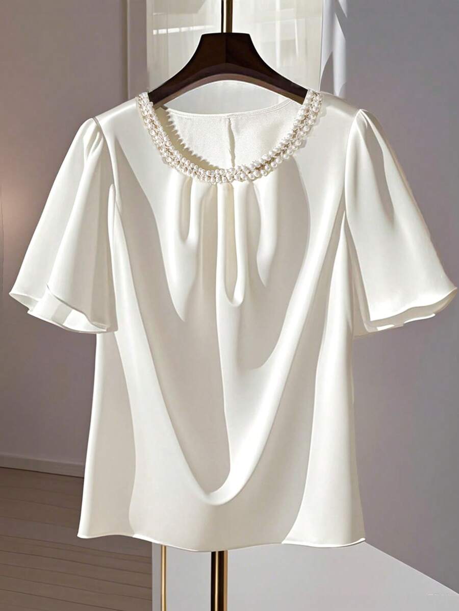 SHEIN LUNE Blusa elegante de talla grande con mangas de volantes, con botones de gota de agua y dobladillo en forma de A, para primavera/verano - Albaricoque - Ver 1