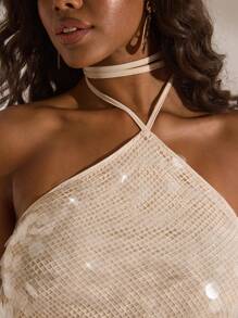Opulessa Women's Solid Color Beaded Halter Neck Backless Top, Daily Wear Holiday Summer Vacation - Beige - View 5