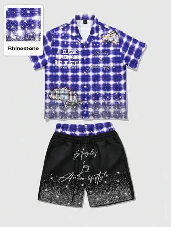 Street Life Men's Street Life Shirt And Shorts Set, American Style Rhinestone Graphic Plaid Shirt