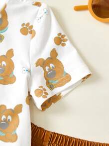 SCOOBY-DOO X SHEIN Baby Boy Cartoon Pattern White Casual Short Sleeve T-Shirt And Loose Shorts 2 Pieces Set, Brown/Yellow Cute & Playful - Brown - View 4