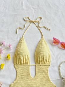 Soleia 女士度假白色针织纹理深 V 领露背系带荷叶边下摆迷你连衣裙，性感、派对、约会、下午茶、城市、节日、海滩夏季服装 - 黃色 - 查看 4