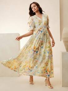 Anewsta New V-Neck Lace Patchwork Vintage Print French Style Waist Slimming Mini Dress For Women, Vacation - Butter Yellow - View 5