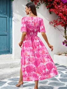 SHEIN Clasi Shirred Split Hem Romantic Vacation Dress - Hot Pink - View 2