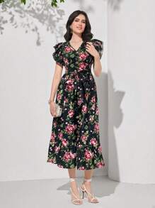 Seusyu 女士花卉印花V领优雅夏装 - 黑色 - 查看 4