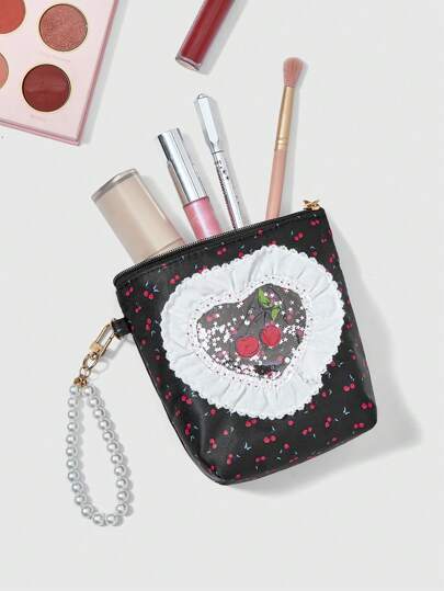 Kawaii 1pc White Lace Cute Cherry Pattern Large Capacity Portable Cosmetic Bag, #1510468