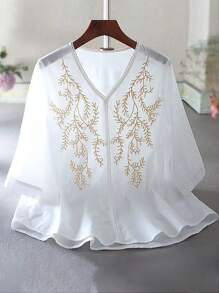 Linhara Áo cánh cỡ lớn thêu phong cách Bohemian, thích hợp khi đi du lịch - trắng - Xem 1
