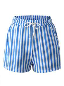 INAWLY 2pcs/Set Women Casual Short Sleeve Top And Striped Drawstring Shorts Outfit - Multicolor - View 4