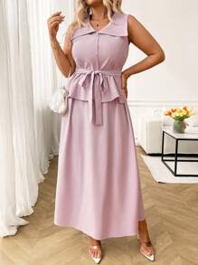 EMERY ROSE Plus Size Collared Button Fly Top & Skirt 2pcs Set - Purple - View 3