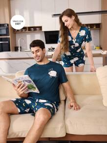 SHEIN 可爱卡通绵羊印花休闲圆领短袖短裤男士睡衣套装 - 藏蓝色 - 查看 1