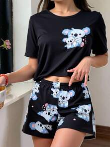 SHEIN Sparklyn 少女可爱考拉印花休闲圆领短袖T恤和短裤两件套家居服套装 - 黑色 - 查看 1
