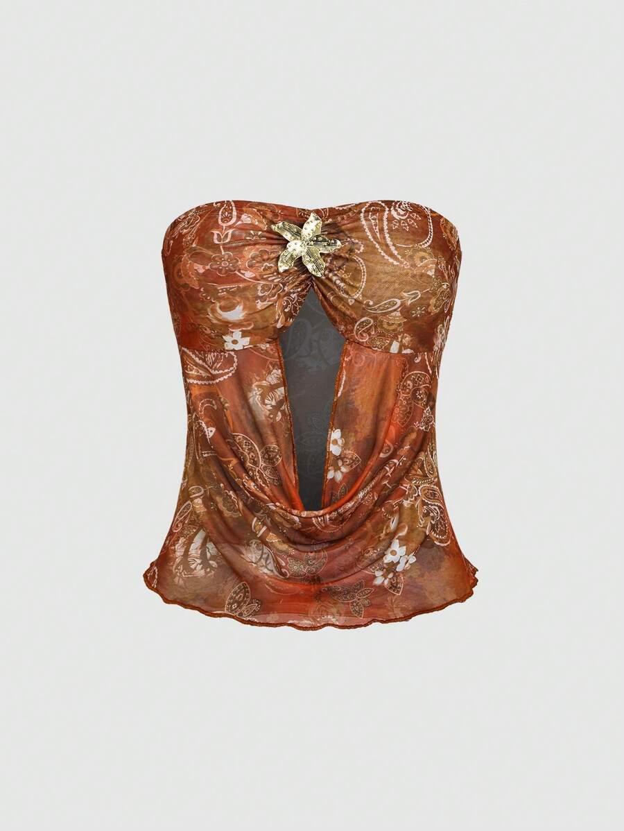 Sweetra 女士性感镂空海岛度假风印花抹胸上衣，夏季 - 彩色 - 查看 1