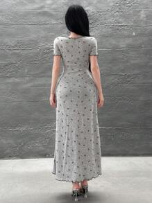 Feyla Petite 女士蝴蝶结印花褶皱优雅收腰中长连衣裙，适合派对和各种场合 - 灰色 - 查看 2