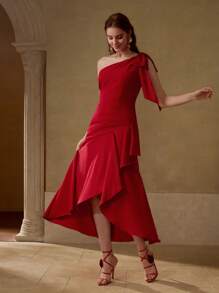 MOTF PREMIUM VESTIDO ASIMÉTRICO CON DETALLE DE LAZO EN UN SOLO HOMBRO Y BAJO IRREGULAR - Rojo - Ver 4