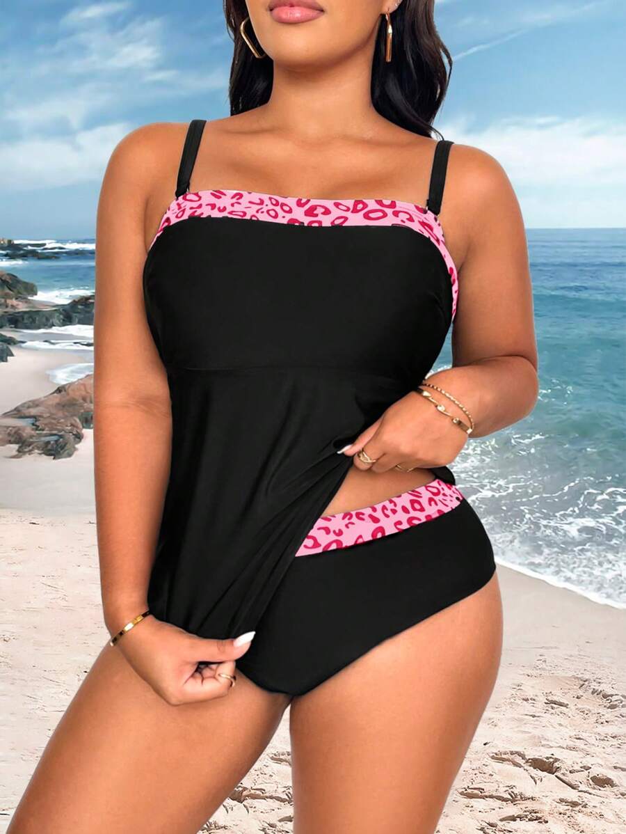 Swim Lushoire Set di tankini in taglie forti con stampa leopardata e bretelle per le donne