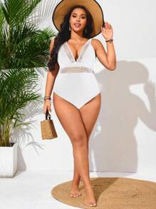 Swim Chiccia Plus Size One-Piece Swimsuit With Mesh Panel And Gathered Belly, Casual Beach Vacation For Summer - White - View 6
