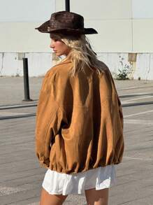 SHEIN ICON Chaqueta de motorista vintage para mujer, abrigo bomber de motocicleta de corte holgado - Marrón - Ver 3