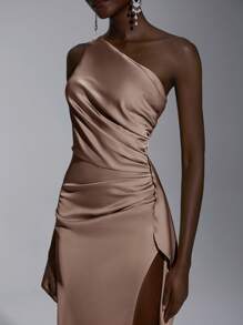 Elitara Abito elegante, romantico, sexy, minimalista, in raso, elasticizzato, senza schienale, con volant, attillato, con spacco alto, alla moda, stile influencer, da occasione, da vacanza, festa di compleanno, matrimonio, damigella