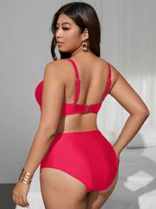 SHEIN Swim Curve 大尺碼女款兩件式高腰素色抓皺硬杯鋼圈泳衣套裝，可調節肩帶，優雅時尚性感休閒，適合夏季海灘度假假期風格 - 西瓜粉 - 查看 2