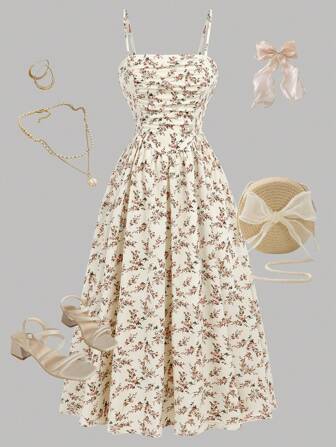 SHEIN Girlism Elegant Solid Apricot Floral Print Ruched Cami Dress For Teen Girls Floral Dresses Tea Party Dress Vintage Dress