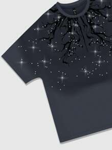 ROMWE MEN Men's Street Life Rhinestone Print Short Sleeve T-Shirt, Rave - Dark Grey - View 4