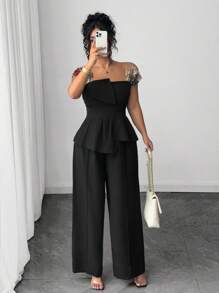 Elenzga Plus Size Women 2pcs Set, Asymmetric Mesh Embroidered Blouse & Wide Leg Pants - Black - View 6