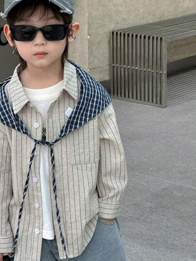Dazy Kids 男童休闲条纹长袖衬衫，返校服