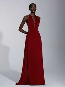 Elitara Elegant And Gorgeous Crimson Luxurious Glossy Satin Halter Neck Straps Deep V-Neck Side Waist Hollow Sexy Large Backless Small A-Line Small Train Suitable For Wedding Season, School Season, Bachelorette Party, Formal Occasion Bridesmaid Dress - Red - View 3