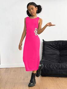 SHEIN Explorewe Tween Girl HYPEME 女童休閒腰部鏤空花朵黑色迷你洋裝，夏季亮粉色女童洋裝，日常穿搭 - 玫紅色 - 查看 3