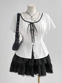 Sweetra New Fashionable Sweet Cute Versatile Bow, Elegant, Vacation Style White Lace Collar Round Neck Puff Sleeve Button Front Shirt, Waist-Cinching Flattering