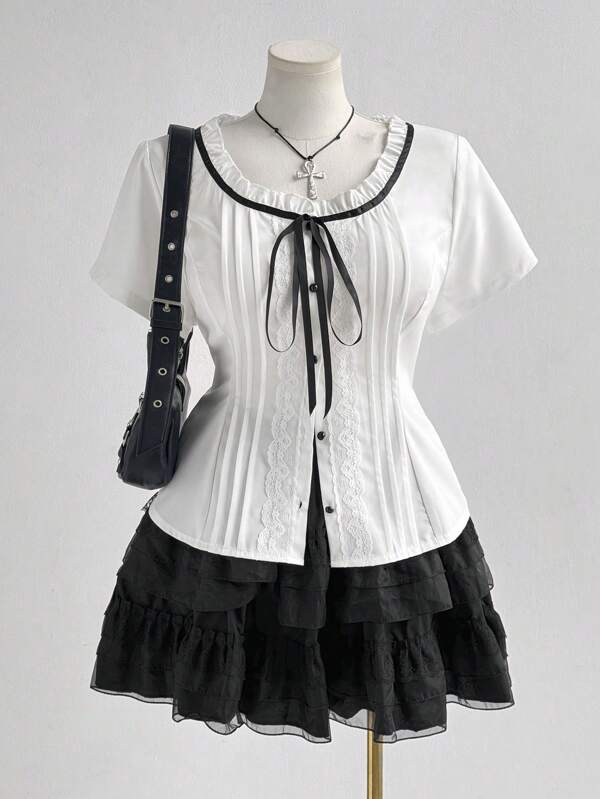 Sunspun New Fashionable Sweet Cute Versatile Bow, Elegant, Vacation Style White Lace Collar Round Neck Puff Sleeve Button Front Shirt, Waist-Cinching Flattering