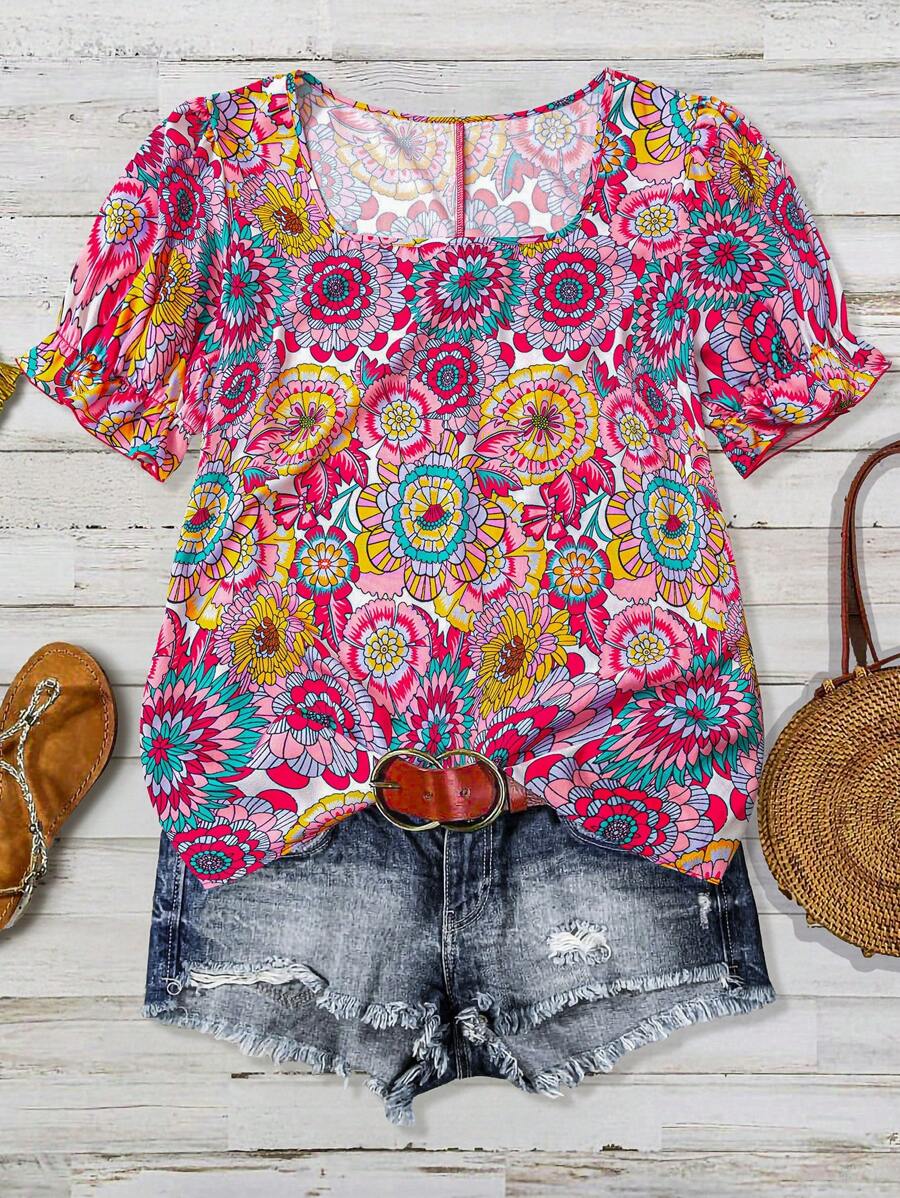 SHEIN LUNE Áo sơ mi nữ cỡ lớn in hoa cổ tròn tay phồng kiểu dáng thường ngày, áo kiểu Boho, áo kiểu Boho họa tiết hoa, áo kiểu Boho cho nữ mùa thu, áo kiểu học sinh, áo kiểu đồng quê cho nữ giáo viên, áo kiểu đồng quê - Nhiều màu - Xem 1