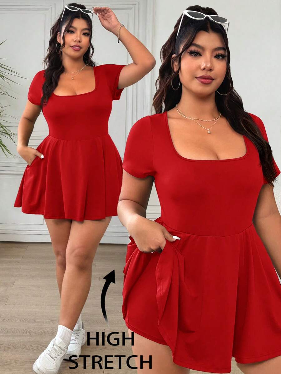 SHEIN EZwear 大码纯色方领口袋休闲短袖连体裤,夏季 - 紅色 - 查看 1