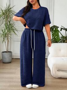 Solflare Bộ 2 món áo thun tay ngắn màu xanh navy cỡ lớn và quần dài cạp rút thường ngày - Màu xanh hải quân - Xem 3
