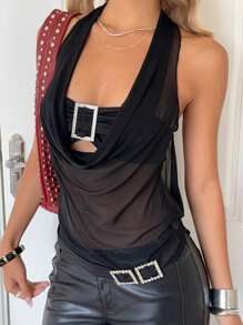 SHEIN EZwear Vintage Mesh Patchwork See-Through Metal Buckle Draped Black Summer Halter Beach Top, Club Y2k Sexy Tank Top, Going Out - Black - View 1