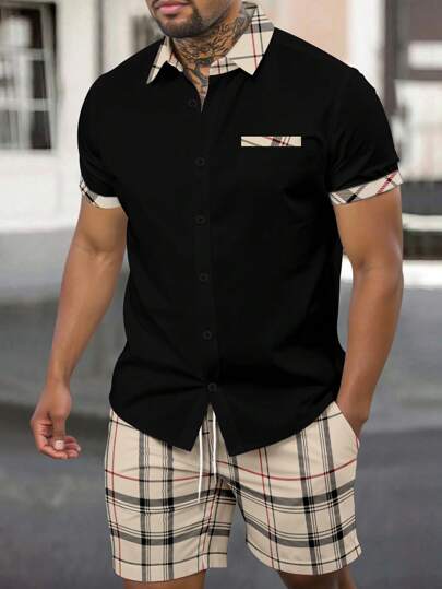 Manfinity Homme Men's Plaid Print Short Sleeve Shirt And Cargo Shorts 2-Piece Casual Set Men Black Shirt Plaid Trim