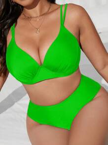 SHEIN Swim Curve Set da 2 pezzi di costumi da bagno a vita alta e triangolo con ferretto, per taglie forti, colore unito, accessorio regolabile, elegante, di moda, sexy, casual, adatto per spiaggia e vacanze