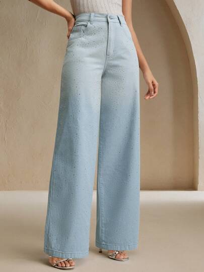 SHEIN X Jwoww Anewsta Nouveaux pantalons droits en jean bleu dégradé ornés de strass étincelants à la mode pour les fêtes, la Saint-Valentin, la Fête des Mères