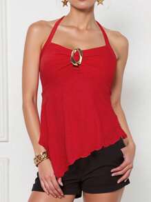 INAWLY 女式夏季休闲修身无袖上衣，饰有水钻字母图案 T 恤，女式上衣 - 紅色 - 查看 3