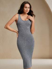 Anewsta Robe d'été décontractée pour femme ajustée lavée avec strass - Gris - Voir 3