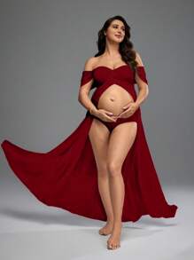 SHEIN Vestido de maternidad de unicolor con hombros descubiertos y abertura alta para sesión de fotos - Burdeos - Ver 3