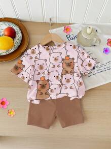 SHEIN Conjunto de 2 piezas de top de manga corta y shorts informal y minimalista para niña, adecuado para el verano - Multicolor - Ver 3