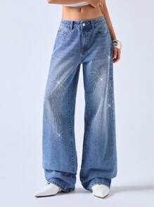 LYSMO Women's Casual Fashion Jeans With Rhinestone Decor Pockets - Blue - View 3