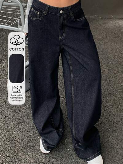 Jeans casuales rectos de pierna recta con detalles de pespunte, estilo urbano casual, corte largo para mujer