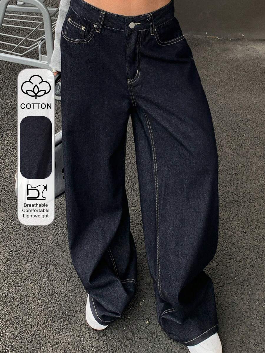 Dazy Tall 女式高腰宽松休闲牛仔裤，明线细节，直筒街头风格都市休闲 - 深色水洗藍 - 查看 1