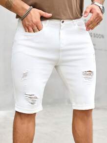 Manfinity Homme Men's Solid Color Ripped Pocket Casual Denim Shorts, Summer Men S Ripped Shorts Distressed Shorts Men - White - View 5