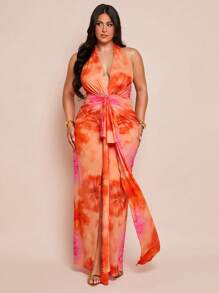 SHEIN BAE Plus Size Women Elegant Long V-Neck Knit Dress, 4th Of July Curve,Wedding Guest Dress Women,Back To School Girls Clothes,Girls Summer Outfits,Fall Clothes,School Clothes,Halloween,Winter,Y2k Clothes ,Vintage,Vacation Outfits Woman,Floral Dress - Orange - View 4