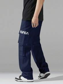 Manfinity Hypemode Pantalones casuales de hombre con estampado de letras y cordón en la cintura con bolsillos