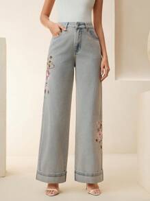 Anewsta Women's New Elegant High-End Valentine's Day Delicate Embroidered Blue Straight-Leg Jeans - Blue - View 5